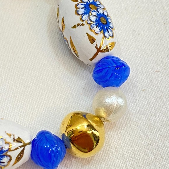 Stretch Bracelet And Earrings Set Deep Blue And White Floral Cloisonne Beads - Picture 4 of 10